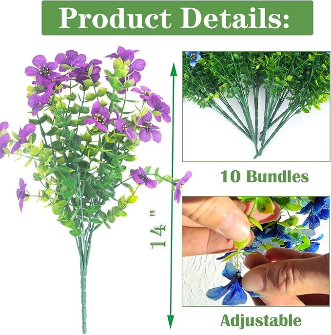Grunyia 10 Bundles Artificial Flowers Outdoor UV Resistant Fake Flowers No Fade Faux Plants Garden Porch Window Box Decorating (Purple)