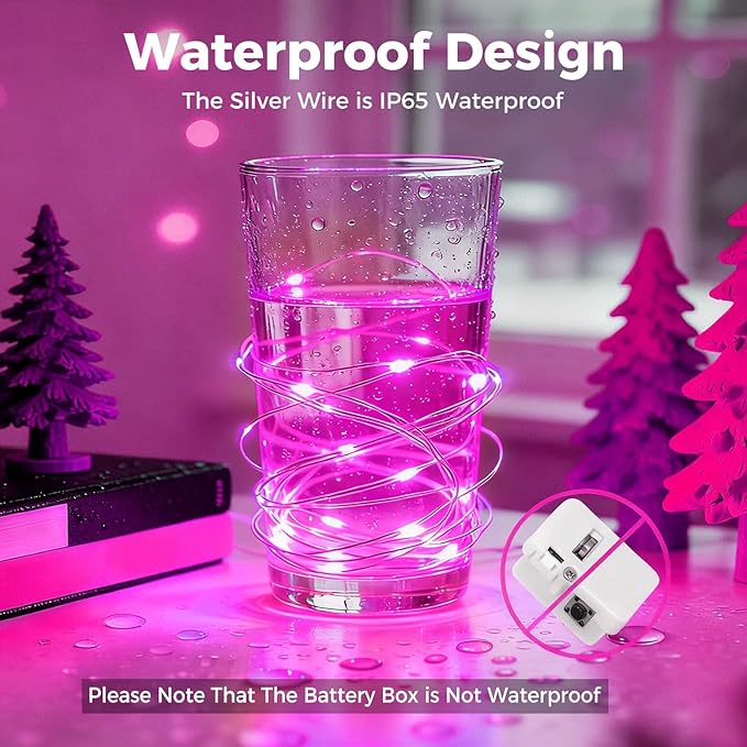 litogo 12 Pack 7FT 20 LED Fairy Lights Battery Operated, 3 Lighting Modes, Bulk Mini Twinkle String Lights Waterproof Silver Wire for Weddings Mason Jars Party Christmas Decorations-Pink