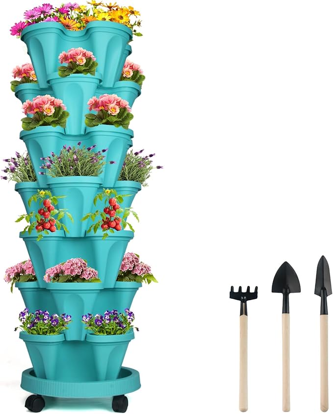 DUNCHATY Stackable Planter, Vertical Garden Planter with Wheels and Tools, Self Watering Strawberry Planter Indoor/Outdoor 7 Tier Herb Planter Pots for Growing Vegetables and Succulents, Teal