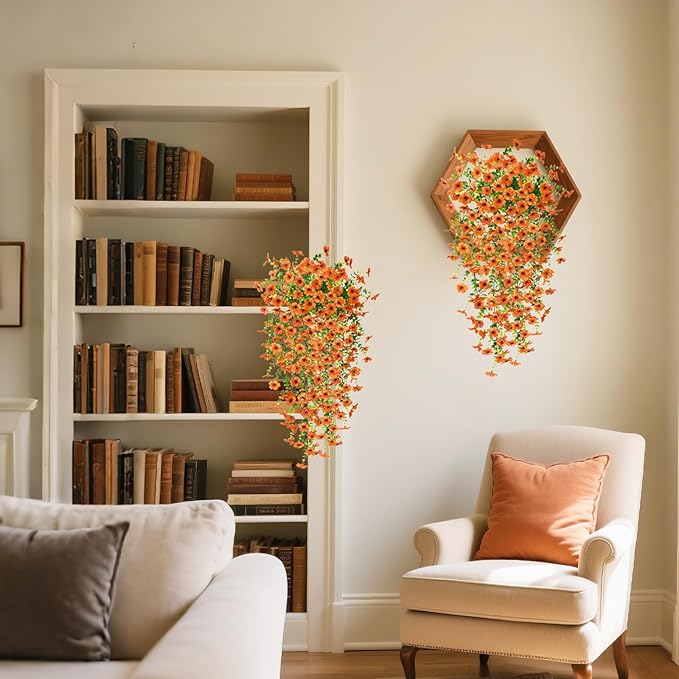 Artificial Hanging Flowers Plants for Outdoor Fall Decoration, 2PCS Faux Silk Daisy UV Resistant Look Real for Outside Home Indoor Planter Porch Garden Yard Autumn Decor(Orange)