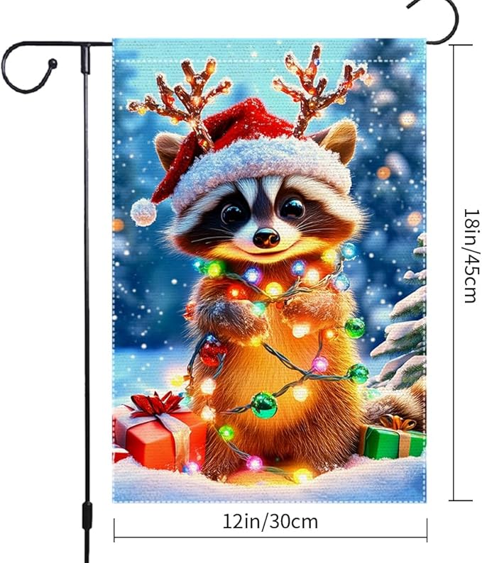 Christmas Garden Flag 12x18 Inch Double Sided Burlap Raccoon with Santa Hat and Lights Cute Winter Outdoor Yard Decoration for Holiday Porch Lawn Farmhouse Decor