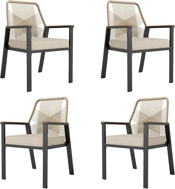 HERA'S HOUSE Outdoor Chairs Set of 4, 36.6" Rattan Dining Chairs with Heavy-Duty Wrought Iron Metal Frame, All-Weather Patio Chair for Garden Lawn Backyard Kitchen Deck