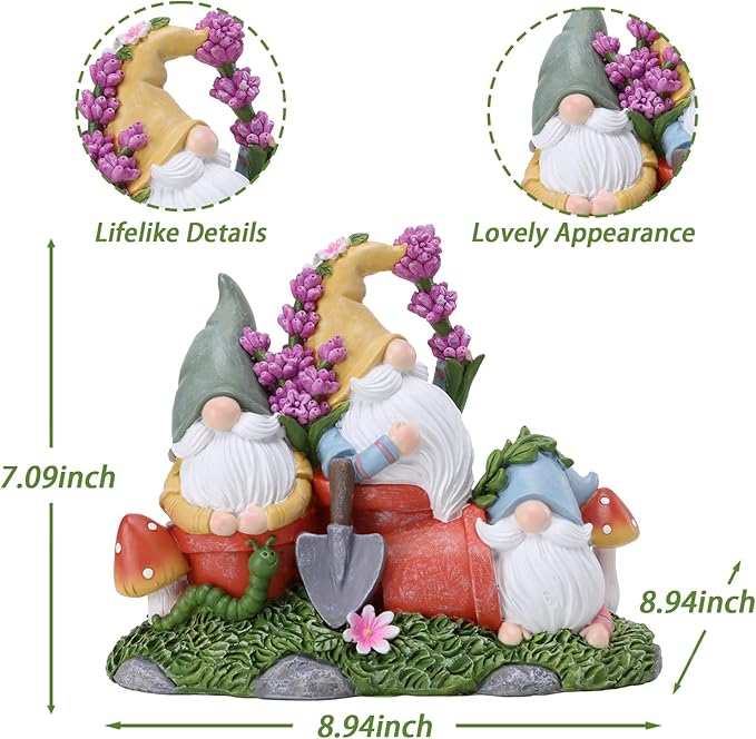 Garden Gnome Statue, Gnomes Figurine on Flower Pot with Floret and Mushrooms, Waterproof Resin Outdoor Decor for Patio Lawn Yard Home Tabletop Decoration