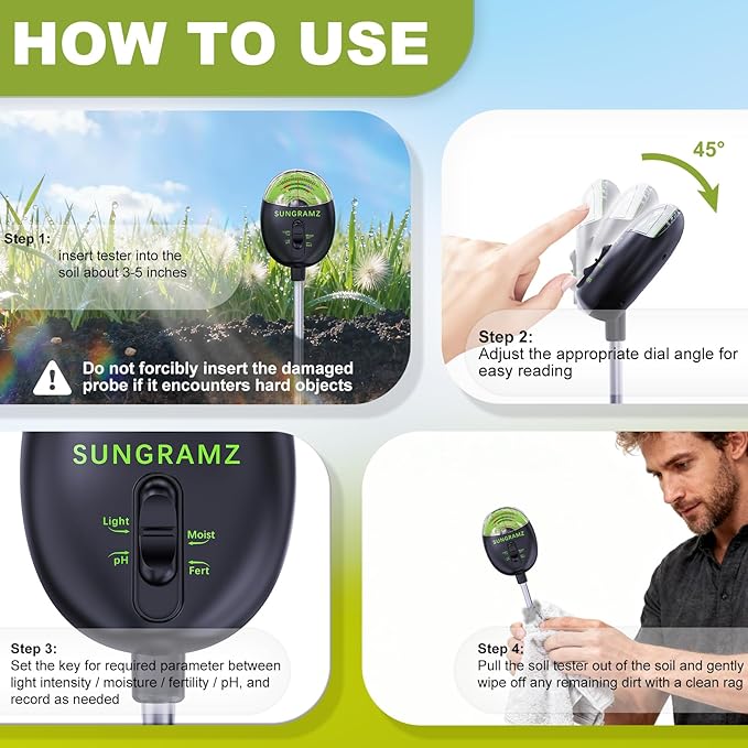 Sungramz Soil Moisture Meter for Plants, 4-in-1 Moisture/pH/Fertility/Sunlight Dial Display, pH Soil Tester for Garden, Lawn, Farm, Indoor & Outdoor Use, No Battery Required, Black
