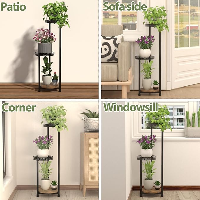 Atpddpey Plant Stand Indoor Outdoor,3 Tier Metal Wood Plant Stand for Multiple Plants,Black Tall Narrow Plants Display Organizer for Corner Living Room Porch Patio Garden Office