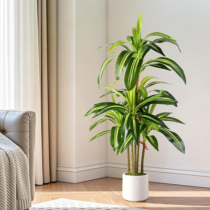 Alupssuc Artificial Dracaena Fake Tree 4FT, White High Pot Artificial Plants Indoor&Outdoor, Fake Plants for Office/Home/Living Room Potted Decoration, 4ft