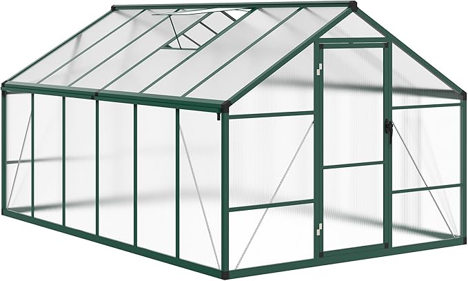 8X12 FT Greenhouse for Outdoors, Large Walk-in Polycarbonate Greenhouse Kit, Aluminum Frame, Lockable Door, Roof Vent, Ground Spikes, for Garden, Patio, Backyard, Outdoor Plant Growth