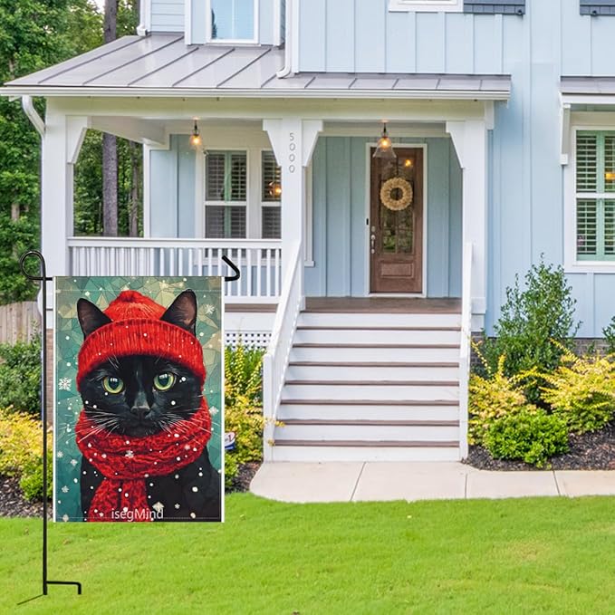 Black Cat with Red Scarf and Hat Snowflake Christmas Garden Flag, 28x40 Inch Double Sided Linen Holiday Red Winter Farmhouse Yard Outdoor Decoration (4331)