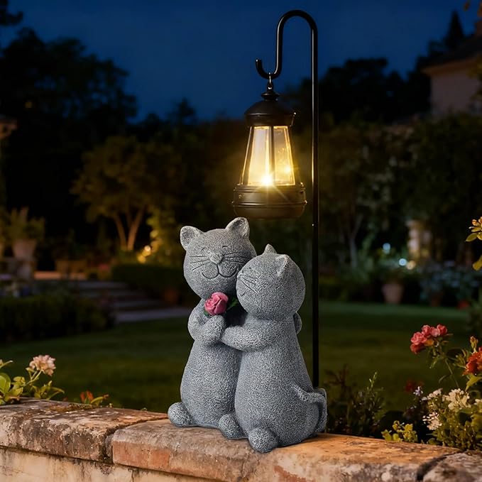 Outdoor Cat Garden Statues with Solar Lantern, Solar Lantern Cat Figurines Decor for Yard, Lawn, Porch & Patio, Unique Housewarming/Birthday Gifts for Women
