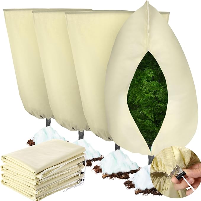 Vincreem 4 Pcs Plant Covers Freeze Protection 35.4" x 59" Winter Frost Blankets for Outdoor Plants with Zipper Drawstring Frost Cloth Freeze Covers Warm Shrub Jacket for Fruit Tree Potted(Beige)