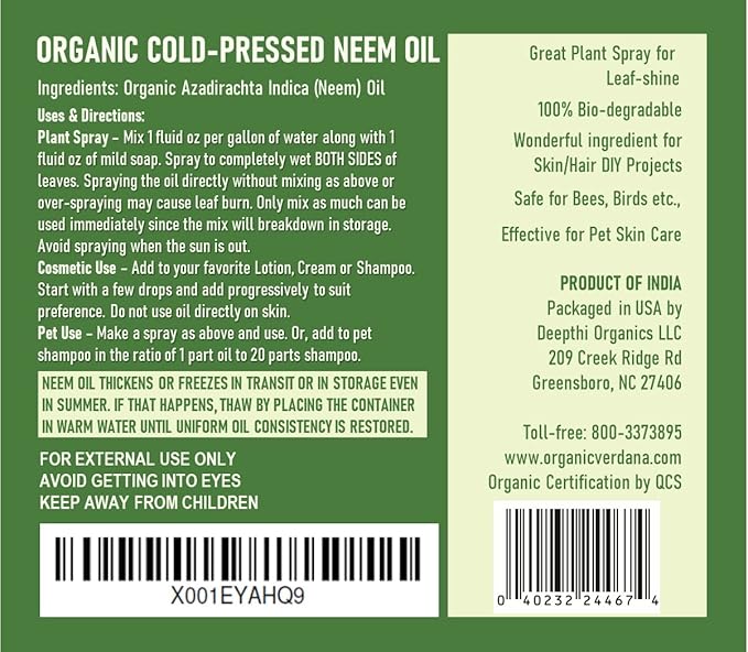 Verdana Organic Neem Oil – Cold Pressed, 100% Pure Neem Seed Oil, Concentrated Multi-Purpose Oil for Skin, Hair & Plant Use, No Additives - 32 Fl Oz