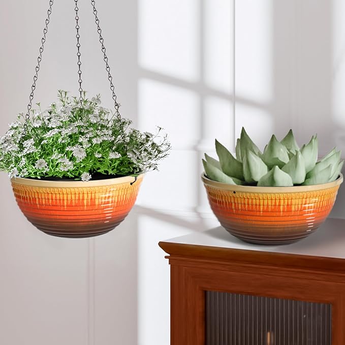 LESOASIS 10inch Hanging Planters for Indoor and Outdoor Plants, 2 Pack Hanging Planter with Drainage Hole, Round Hanging Flower Pots for Garden Home Decor (Orange Glaze)