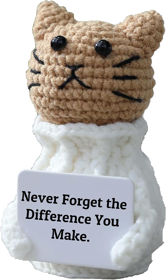 YOOJEE Positive Crochet Animals Cat – “Never Forget The Difference You Make” Valentines Day Inspirational Thank-You and Appreciation Gift for Women Teacher Mom Friend Coworker Mini Crochet Desk Decor
