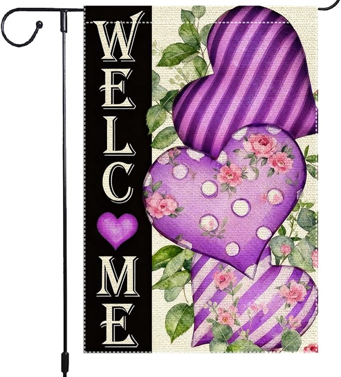 Welcome Valentines Day Garden Flag 12x18 Inch Double Sided Small Burlap Purple Hearts and Floral Seasonal Decor for Outdoor Yard Patio Porch