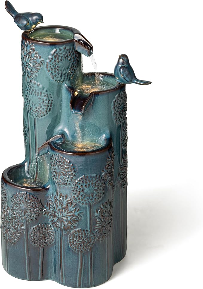 Glitzhome 27" H Outdoor Water Fountain with LED Light, Pump & Adapter, 4-Tier Turquoise Dandelion Vase Ceramic Cascading Garden Fountains Waterfalls with Birds, for Porch Deck Patio Backyard