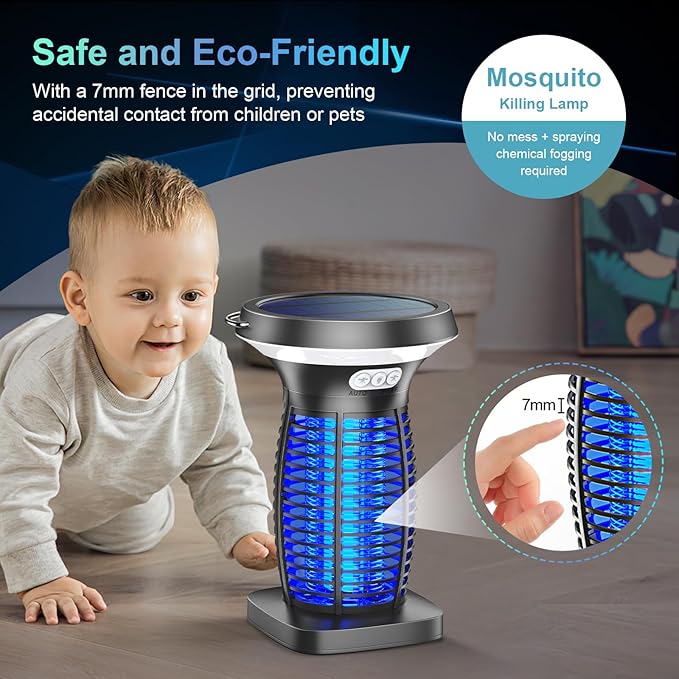 Solar Bug Zapper Outdoor, 3-in-1 Mosquito Zapper Outdoor Solar Powered, Cordless Electric Bug Zapper Indoor with Night Light, Waterproof Fly Zapper for Patio Backyard Home Kitchen Camping