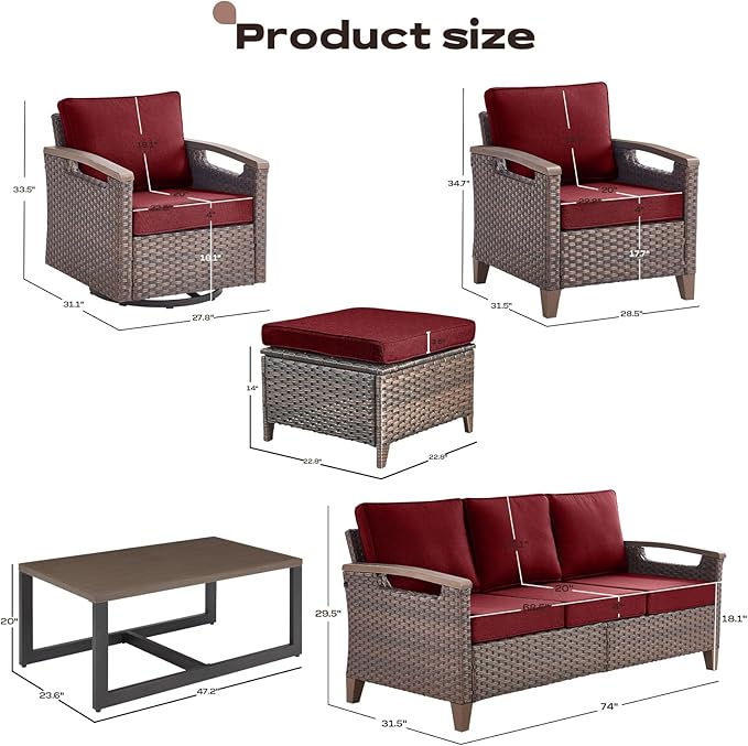 Rilyson Wicker Outdoor Patio Furniture Set - 8 Piece Patio Conversation Sets with Swivel Rocker Chairs, Chairs, Ottomans, Sofa and Coffee Table, Thick Cushions, for Porch Deck Brown/Red