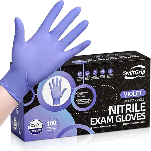 Disposable Nitrile Exam Gloves, 3mil, XS, Box of 100, Violet Nitrile Gloves Disposable Latex Free for Medical, Cleaning, Cooking & Esthetician, Food-Safe, Powder-Free, Purple, Non-Sterile