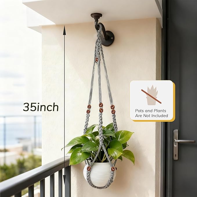 HOREAKHJ 35 Inch Macrame Plant Hanger, Large for up to 15 Inch Pot Extra Long Hanging Planter Holder Basket with Wood Beads for Indoor Outdoor Home Decor (Grey, 1-Pack)
