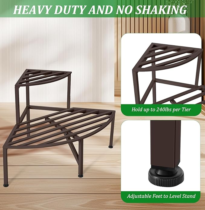 Dipion Corner Plant Stand Outdoor Metal,2 Tier Heavy Duty Ladder Plant Shelf Indoor for Multiple Plants,37.08" L x 22.83" W x 20.07" H,Coffee
