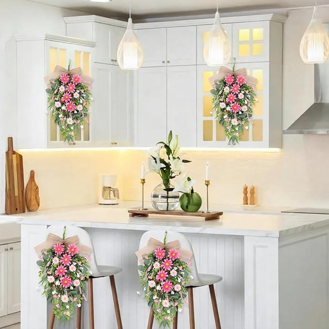 2 PCS Spring Pink Flower Teardrop Swags Silk Artificial Floral Swag Wreath for Front Door Wildflower Daisy Hanging Swags with Lavender Green Leaves for Wedding Farmhouse Home Outdoor Window Wall Decor