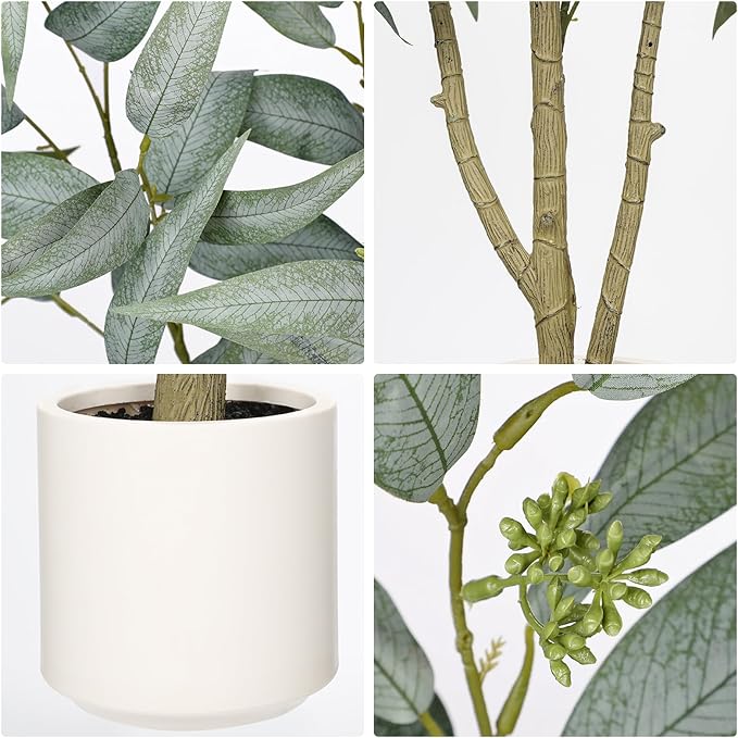 Artificial Eucalyptus Tree in White Pot – 3FT Faux Indoor Plant for Home Décor, Modern Greenery for Living Room, Bedroom, Office – Realistic Silk Leaves, Minimalist Planter