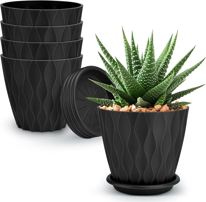 YNNICO 4 inch Plant Pots, 5 Pack Flower Pots Outdoor Indoor, Planters with Drainage Holes and Tray Saucers(Black)