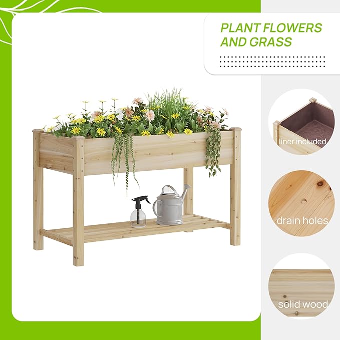 Raised Garden Bed, Planter Box with Storage Shelf, Elevated Wooden Planter Box with Legs, Garden Planter for Backyard, Patio, Balcony, Natural Wood (Natural, M)