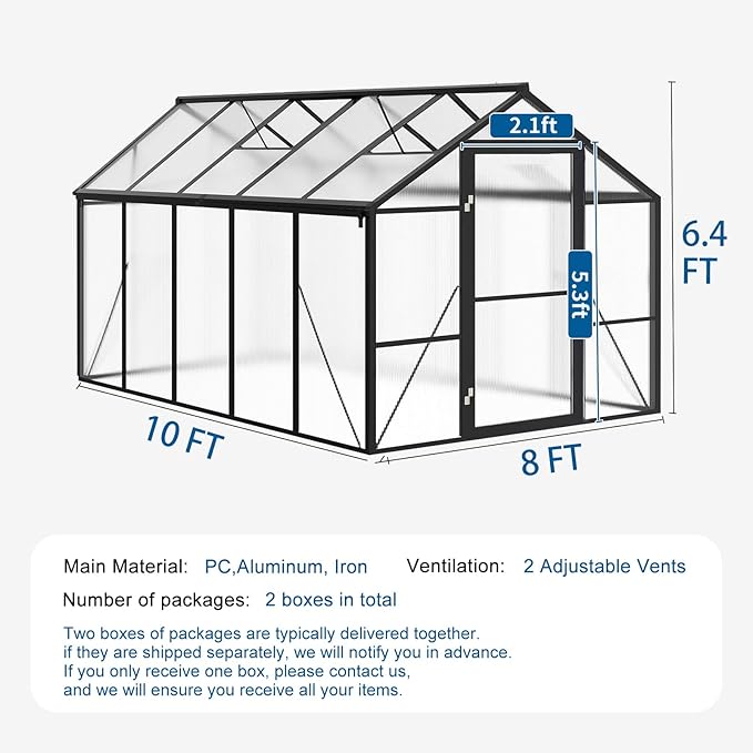 8x10 FT Outdoor Greenhouse for Winter Greenhouse Kit with Aluminum Frame, Polycarbonate Panels, Lockable Door, Adjustable Roof Vent, Heavy Duty Walk-in Design for Backyard, Garden and Patio