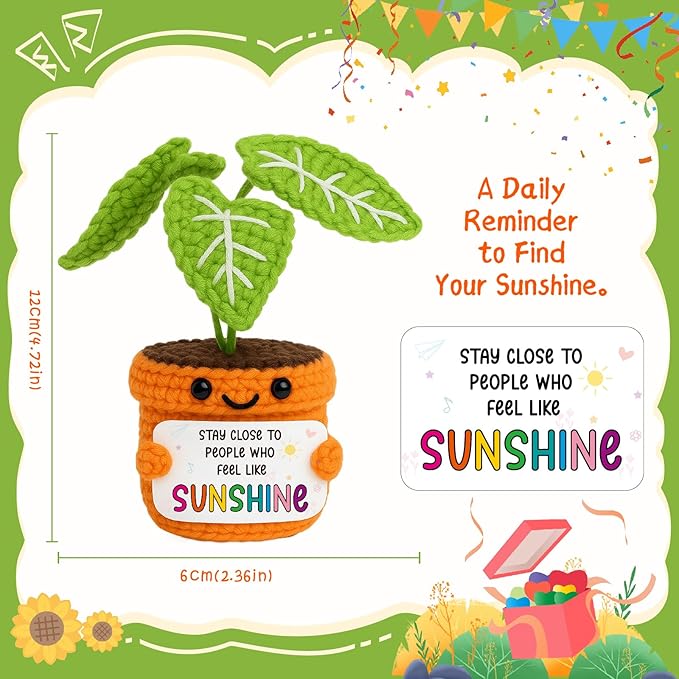 TKGIFTHOT Valentines Handmade Crochet Plant Potted Gift for Friend, Bestie, Coworker | Positive Sunshine Inspirational Desk Decor | Best Friendship & Uplifting Gifts for Her Him