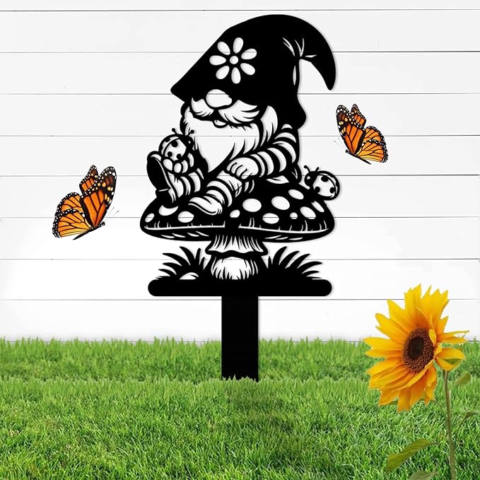 Magilab Personalized Iron Yard Stake - Christmas Cute Gnome Dwarves Decor, 8-Inch Black Metal Garden Sign for Outdoor (Style G)
