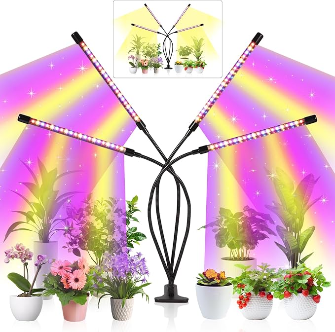 Grow Lights for Indoor Plants,80 LED Plant Lights with Full Spectrum & Red Blue Spectrum, 10 Dimmable Level, 3/9/12H Timer,3 Switch Modes, Adjustable Gooseneck,4 Heads Clip-On