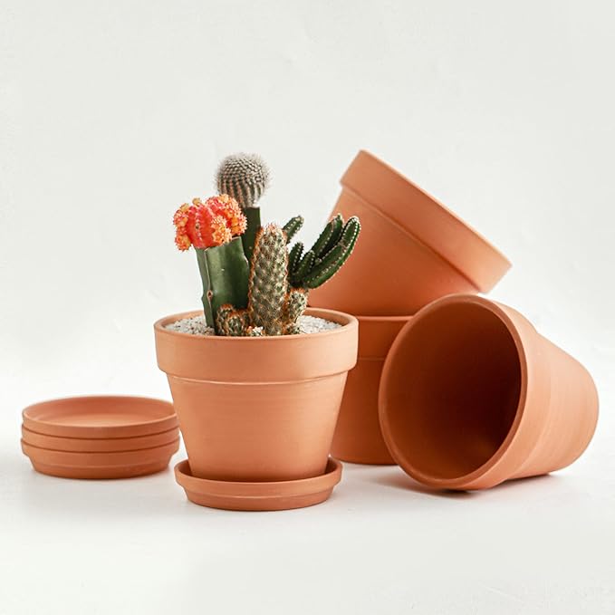 HERDUK Terracotta Pots 6 Inch (4 Pack), Clay Pots for Plants with Drainage Hole and Saucer, Flower Pot with Tray, Large Terracotta Pot for Indoor Outdoor Plant