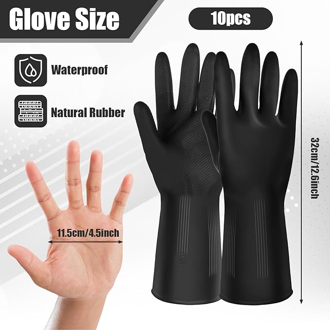 10 Pairs Chemical Resistant Latex Gloves, Heavy Duty Black Rubber Gloves, Reusable Dishwashing Cleaning Glove, Cleaning Protective Safety for Car Home Lab (Large)