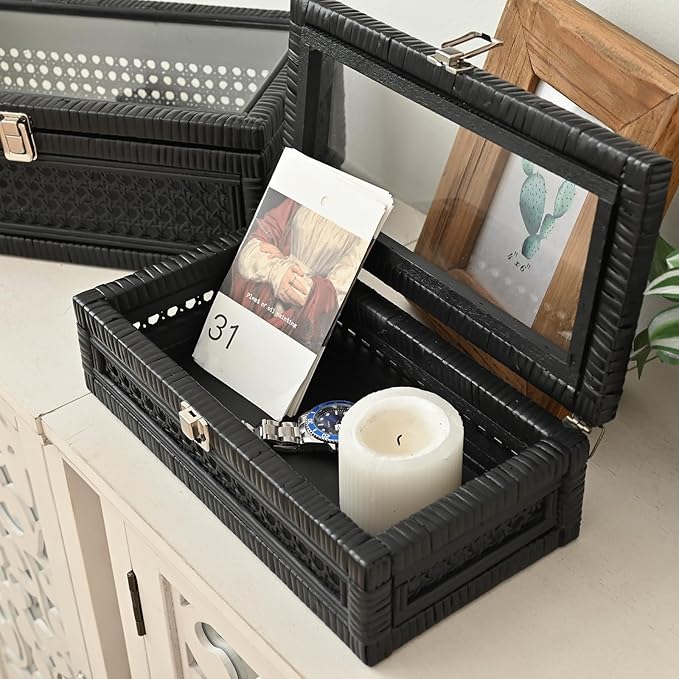 Cane and Rattan Decorative Storage Boxes with Lids - Elegant Set of 2, Stacking Boxes with Glass Top, Handcrafted Rustic Charm for Home Organization (Black, 14.1"x8.2"x5.1")