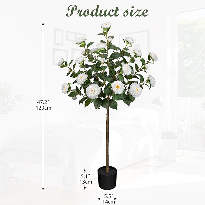 4ft Artificial Camellia Tree Fake Camellia Plant with White Flowers Faux Floral Plant Blooming Tree in Black Pot for Indoor Outdoor Office Home Front Door Porch Decor (2 Pack - White)