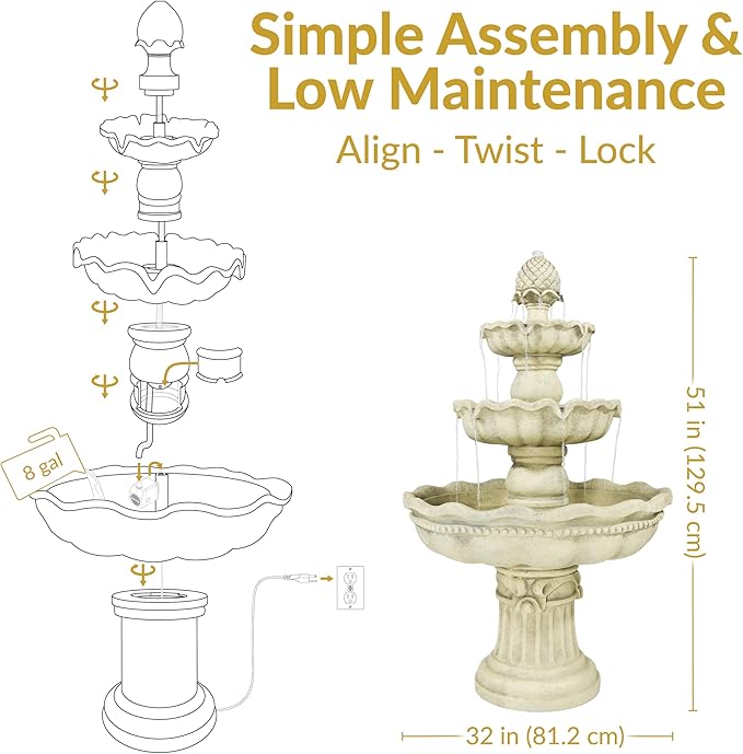 Sunnydaze 51-Inch Electric Water Fountain - Outdoor Water Feature - 3-Tier Outdoor Fountain with Pineapple Top - White