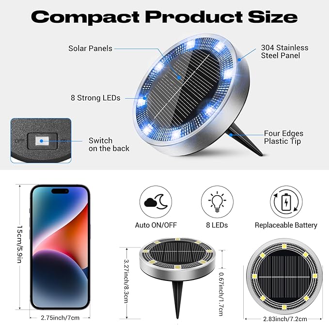 Peasur Solar Ground Lights Outdoor, 12 Pack Flat Solar Powered Disc Lights, IP68 Waterproof, Anti-Rust, Landscape Lighting for Pathway Garden Yard Lawn Walkway Landscape Driveway, Blue