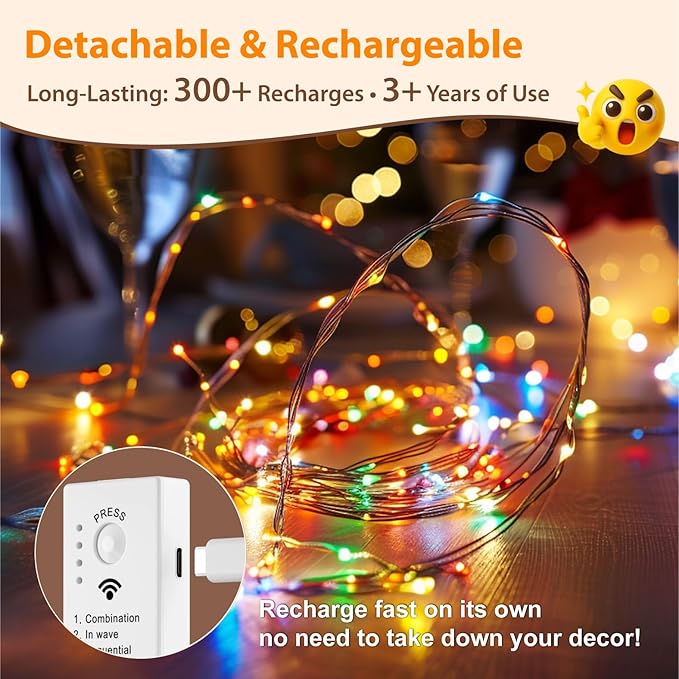 HXWEIYE Rechargeable Fairy Lights with Remote & DIY Timer, 33ft 100LED Battery Operated Twinkle String Lights, 8 Modes Decor Light for Bedroom Indoor Wedding Dorm Christmas Tree Party (Multicolor)
