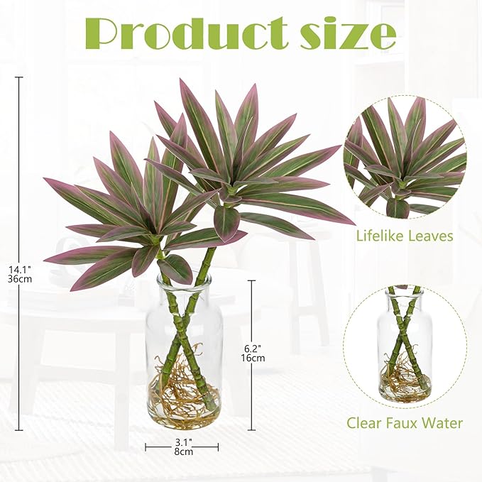 Artificial Pink Plants Stems in Glass Vase with Faux Water,Fake Silk Plant Dracaena Leaves for Centerpiece Table Decorations Farmhouse Wedding Home Greenery Decor