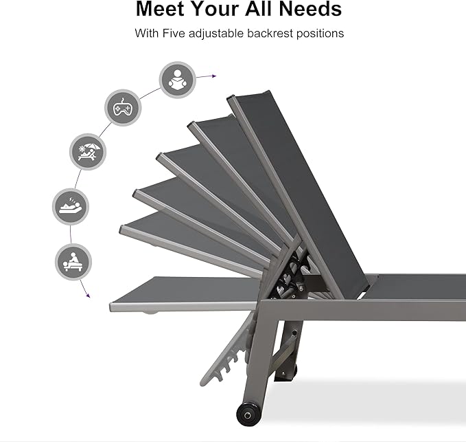 PURPLE LEAF Outdoor Lounge Chair Set for 2 Aluminum Patio Chaise Lounger with Easy-to-Move Wheels and Adjustable Backrest Pool Reclining Lounge Chairs for Beach Yard Poolside Table Included, Grey