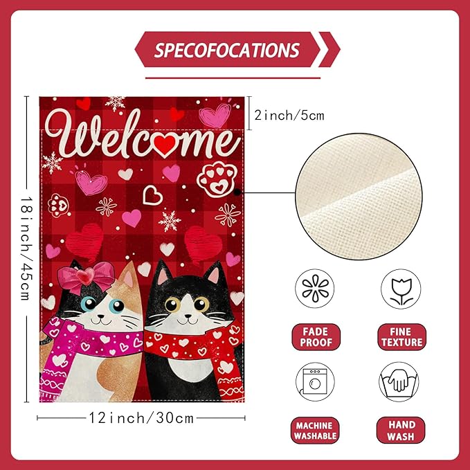 Welcome Valentine’s Day Garden Flag Romantic Love Heart Couple Cats Paw Yard Flag 12x18 Inch Double Sided Small Mini Yard Outdoor Outside Holiday Decoration