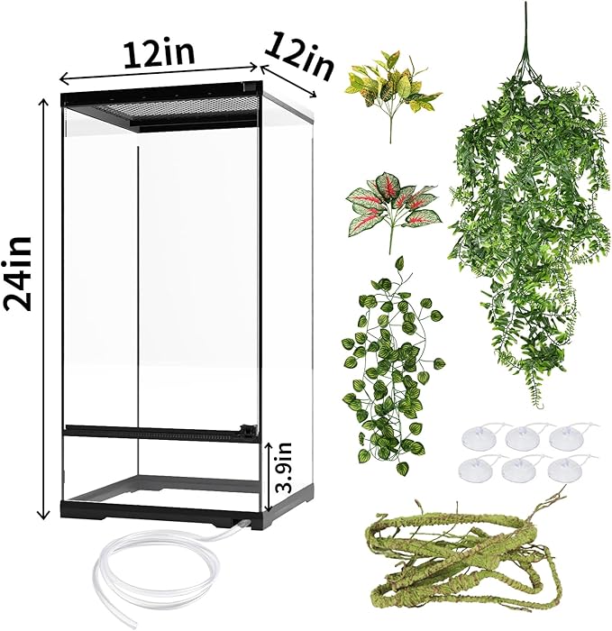 waazoorep 15 Gallon Tall Reptile Glass Tank 12"x12"x24" with Drainage System - Pre-Assembled Vertical Reptile Cage for Arboreal Geckos,Chameleon,Lizard,Tree Frog and Snake with Terrarium Decoration