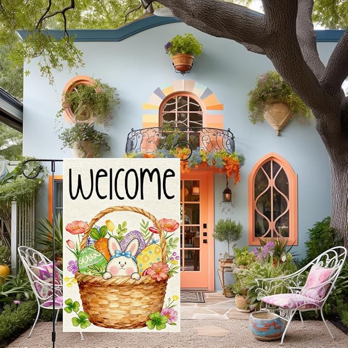 Welcome Spring Garden Flag Easter Bunny with Eggs Garden Flags 12x18 Inch Double Sided Burlap and Flowers Outdoor Decoration