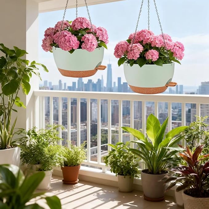CNLBO 2 Pack Hanging Planters for Indoor Outdoor Plants, 12 Inch Self Watering Hanging Pot with Drainage Holes and Saucer, Plastic Plant Pots, Green Brown Flower Pots for Kitchen, Balcony, Garden