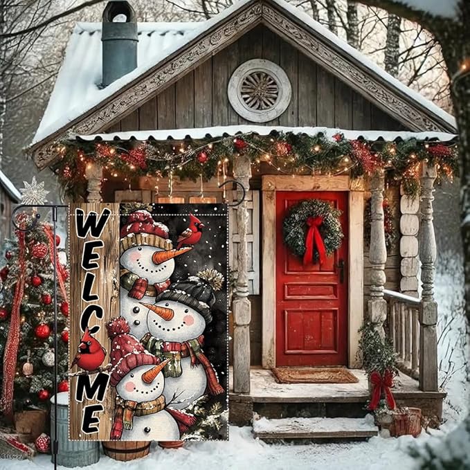 Winter Snowman Family Garden Flag Double Sided 12x18 Inch Small Burlap Outdoor Yard Decoration Holiday Welcome Banner with Cardinals