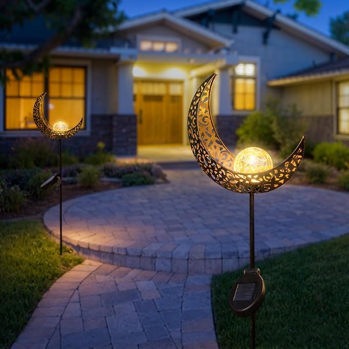 2Pack Moon Garden Solar Lights Outdoor Stakes Waterproof, Gifts for Mom, Crackle Glass Halloween Backyard Decor Balcony Lawn Ornaments, for Women Men Grandma (Bronze)