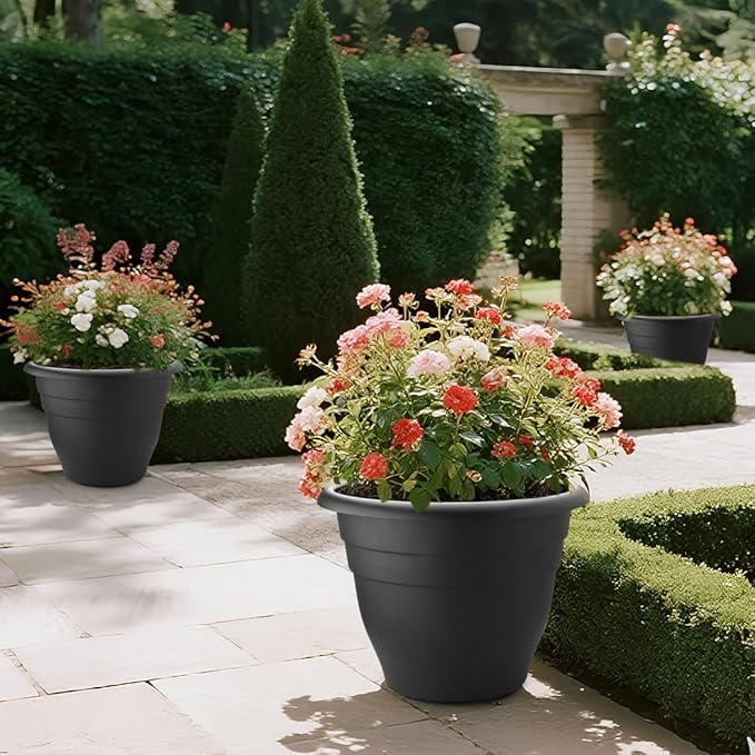 RooTrimmer 3-Pack 20 Inch Large Plastic Plant Pots for Outdoor, Heavy Duty Extra Large Deep Garden Planter with Drainage Holes, Sturdy Textured Black Flower Pot for Trees, Shrubs, Patio, Lawn