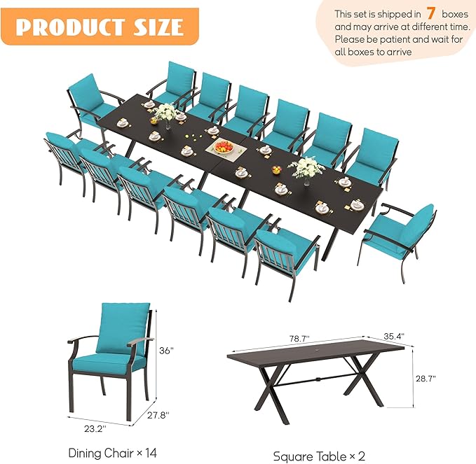 16-Piece Patio Dining Set Outdoor Conversation Set,Metal Outdoor Furniture Set with 2 Umbrella Hole Cut-Out 78.7" x 35.4" Tables and 14 Metal Backrest Chairs for Backyard,Garden,Blue
