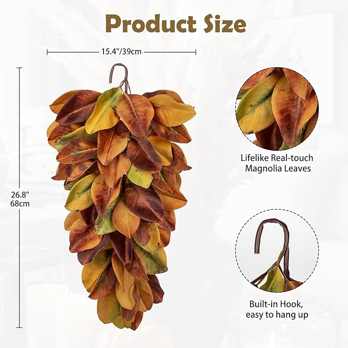 Autumn Foliage Teardrop Swag for Front Door – 27" Artificial Magnolia Leaf Garland Hanging Decoration – Fall Door, Thanksgiving Mantel & Wall Décor